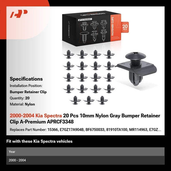 2000-2004 Kia Spectra 20 Pcs 10mm Nylon Gray Bumper Retainer Clip A-Premium APRCF3348