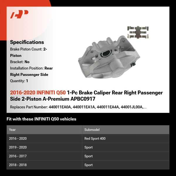 2016-2020 INFINITI Q50 1-Pc Brake Caliper Rear Right Passenger Side 2-Piston A-Premium APBC0917