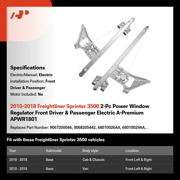 2010-2018 Freightliner Sprinter 3500 2-Pc Power Window Regulator Front Driver & Passenger Electric A-Premium APWR1801