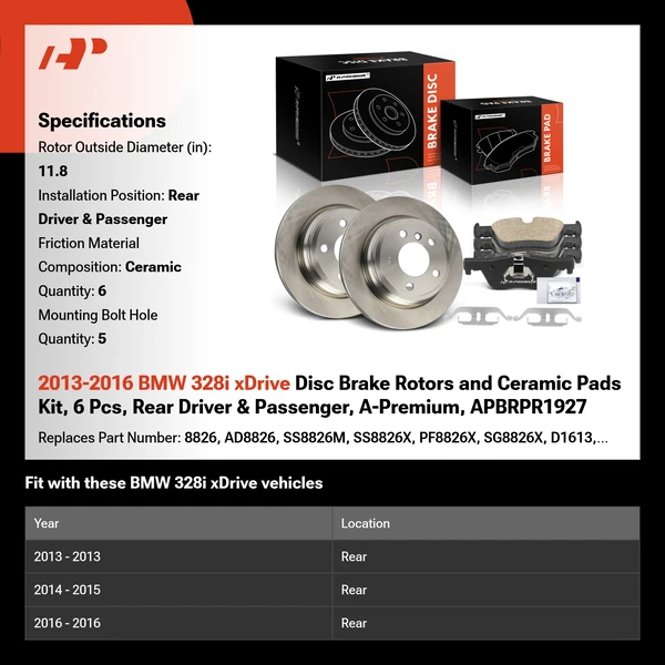 2013-2016 BMW 328i xDrive Disc Brake Rotors and Ceramic Pads Kit, 6 Pcs, Rear Driver & Passenger, A-Premium, APBRPR1927