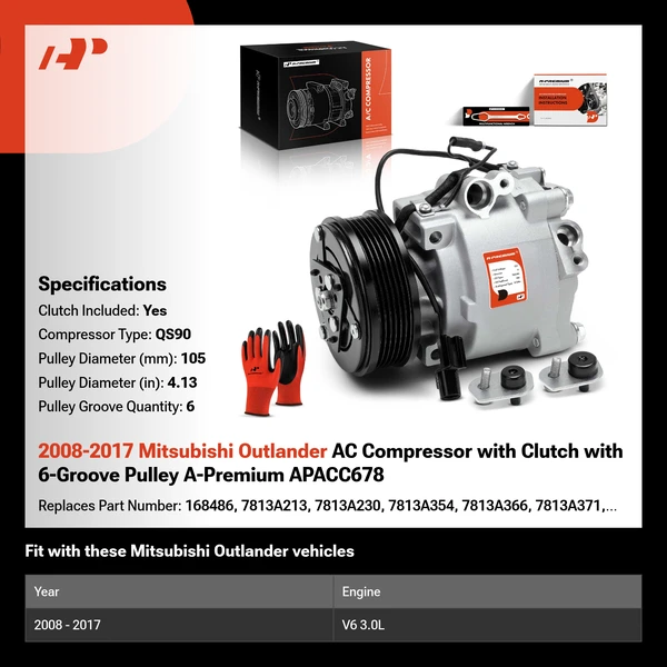 2008-2017 Mitsubishi Outlander AC Compressor with Clutch with 6-Groove Pulley A-Premium APACC678