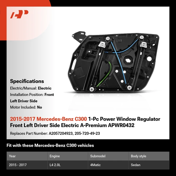 2015-2017 Mercedes-Benz C300 1-Pc Power Window Regulator Front Left Driver Side Electric A-Premium APWR0432