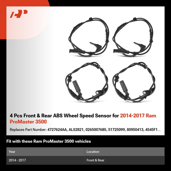 4 Pcs Front & Rear ABS Wheel Speed Sensor for 2014-2017 Ram ProMaster 3500