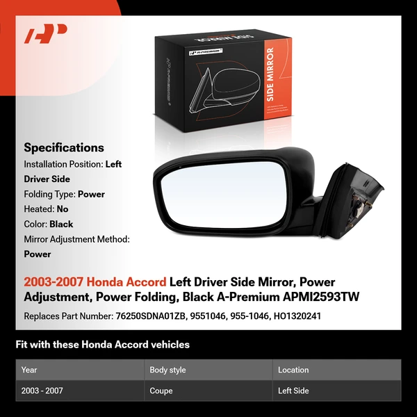 2003-2007 Honda Accord Left Driver Side Mirror, Power Adjustment, Power Folding, Black A-Premium APMI2593TW