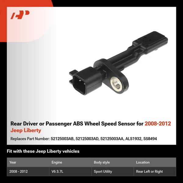 Rear Driver or Passenger ABS Wheel Speed Sensor for 2008-2012 Jeep Liberty