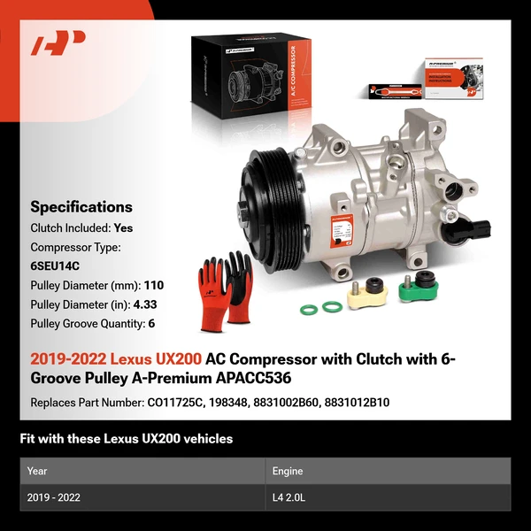 2019-2022 Lexus UX200 AC Compressor with Clutch with 6-Groove Pulley A-Premium APACC536