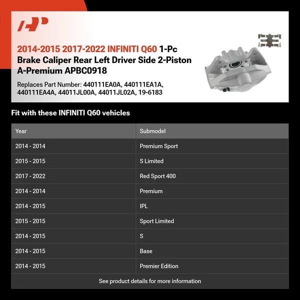 2014-2015 2017-2022 INFINITI Q60 1-Pc Brake Caliper Rear Left Driver Side 2-Piston A-Premium APBC0918