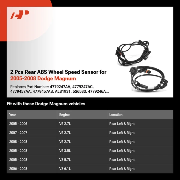 2 Pcs Rear ABS Wheel Speed Sensor for 2005-2008 Dodge Magnum