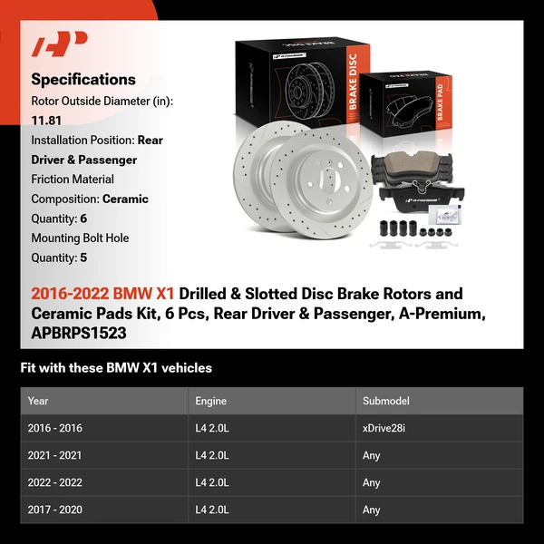 2016-2022 BMW X1 Drilled & Slotted Disc Brake Rotors and Ceramic Pads Kit, 6 Pcs, Rear Driver & Passenger, A-Premium, APBRPS1523