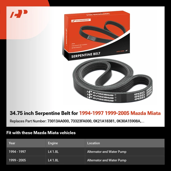 34.75 inch Serpentine Belt for 1994-1997 1999-2005 Mazda Miata
