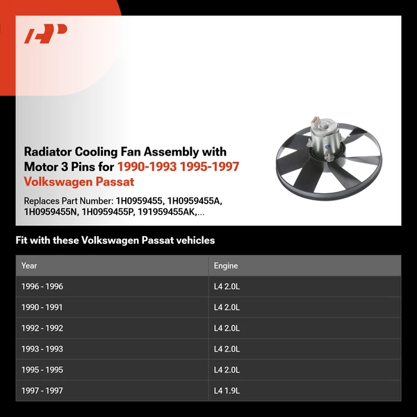 Radiator Cooling Fan Assembly with Motor 3 Pins for 1990-1993 1995-1997 Volkswagen Passat