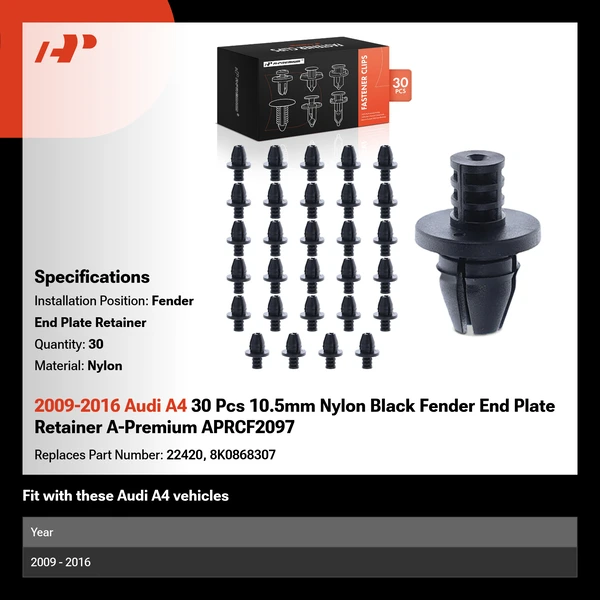 2009-2016 Audi A4 30 Pcs 10.5mm Nylon Black Fender End Plate Retainer A-Premium APRCF2097