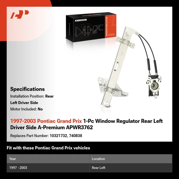 1997-2003 Pontiac Grand Prix 1-Pc Window Regulator Rear Left Driver Side A-Premium APWR3762