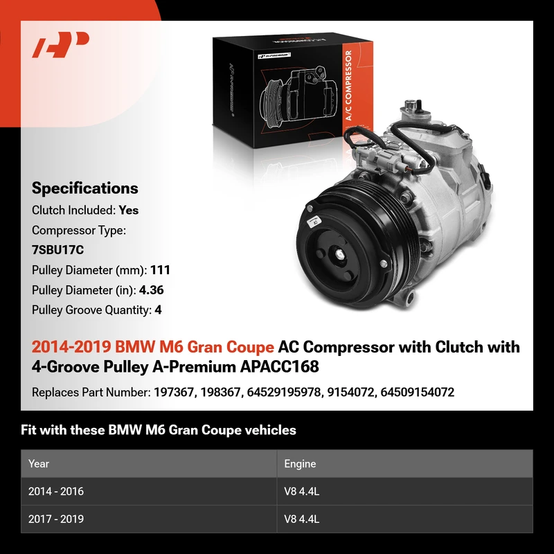 2014-2019 BMW M6 Gran Coupe AC Compressor with Clutch with 4-Groove Pulley A-Premium APACC168
