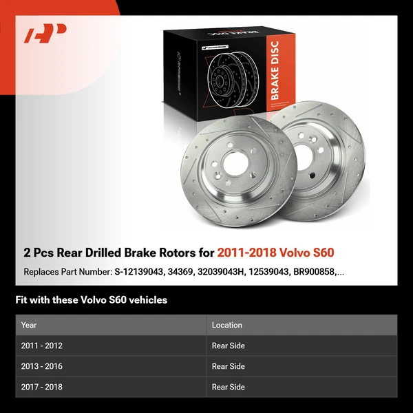 2 Pcs Rear Drilled Brake Rotors for 2011-2018 Volvo S60