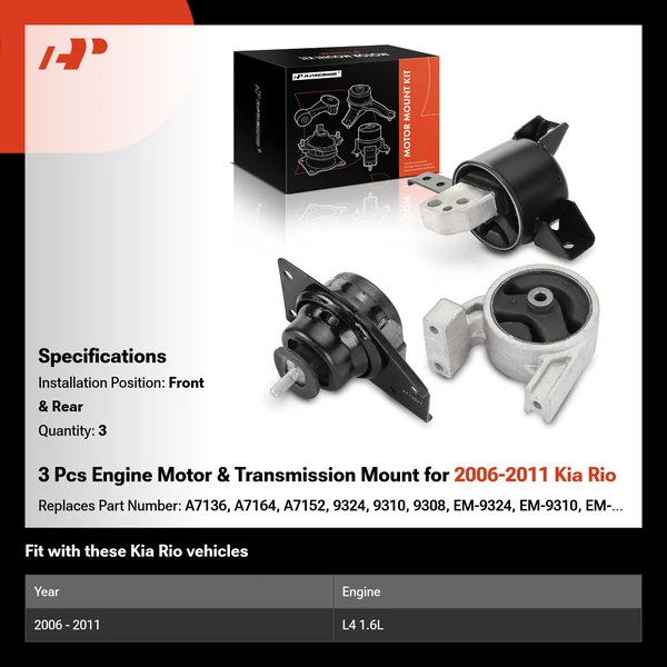 3 Pcs Engine Motor & Transmission Mount for 2006-2011 Kia Rio