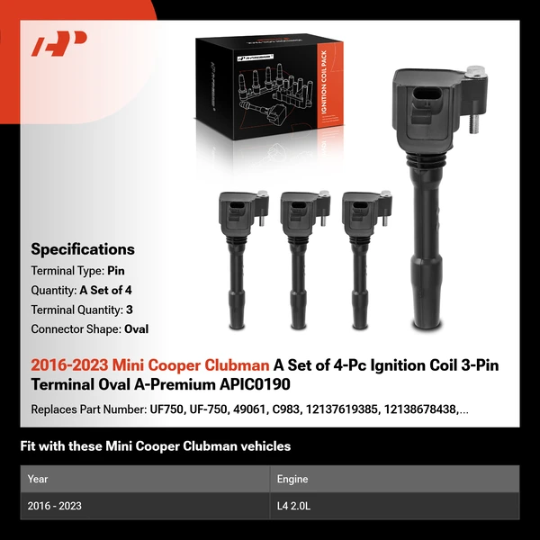 2016-2023 Mini Cooper Clubman A Set of 4-Pc Ignition Coil 3-Pin Terminal Oval A-Premium APIC0190