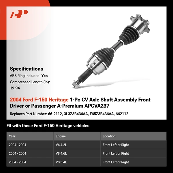 2004 Ford F-150 Heritage 1-Pc CV Axle Shaft Assembly Front Driver or Passenger A-Premium APCVA237