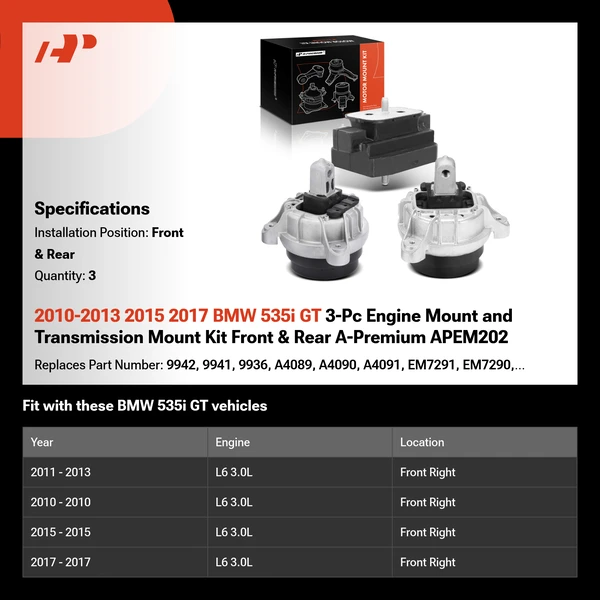 2010-2013 2015 2017 BMW 535i GT 3-Pc Engine Mount and Transmission Mount Kit Front & Rear A-Premium APEM202