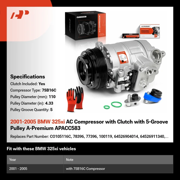 2001-2005 BMW 325xi AC Compressor with Clutch with 5-Groove Pulley A-Premium APACC583