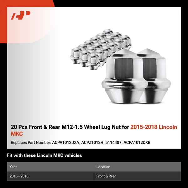 20 Pcs Front & Rear M12-1.5 Wheel Lug Nut for 2015-2018 Lincoln MKC