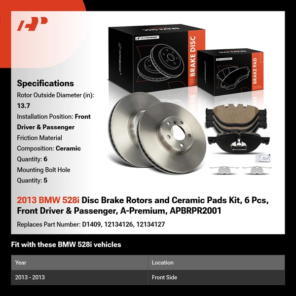 2013 BMW 528i Disc Brake Rotors and Ceramic Pads Kit, 6 Pcs, Front Driver & Passenger, A-Premium, APBRPR2001