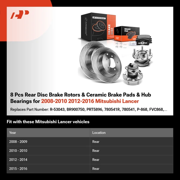 8 Pcs Rear Disc Brake Rotors & Ceramic Brake Pads & Hub Bearings for 2008-2010 2012-2016 Mitsubishi Lancer