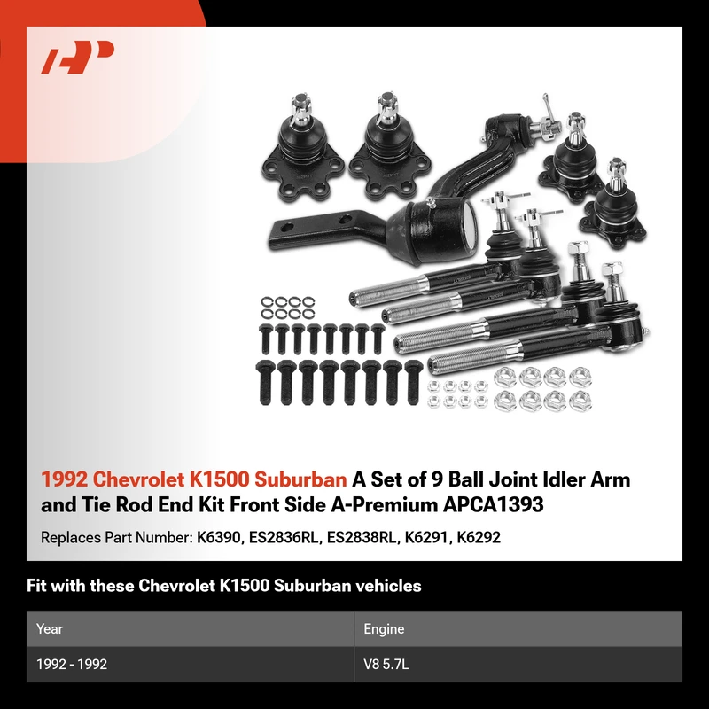 1992 Chevrolet K1500 Suburban A Set of 9 Ball Joint Idler Arm and Tie Rod End Kit Front Side A-Premium APCA1393