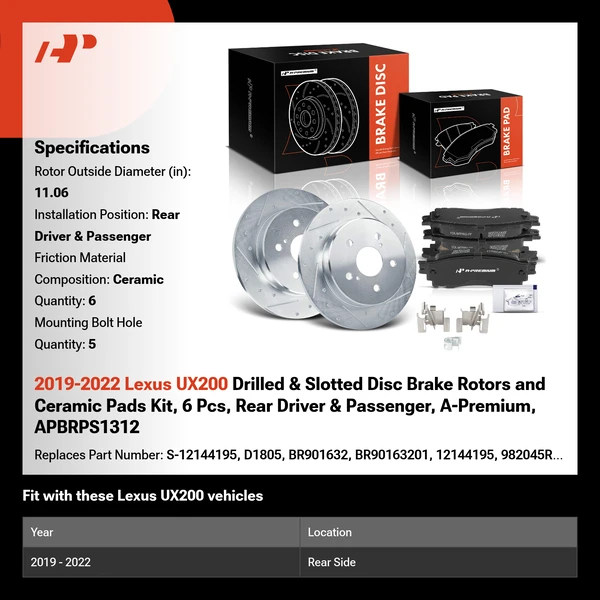 2019-2022 Lexus UX200 Drilled & Slotted Disc Brake Rotors and Ceramic Pads Kit, 6 Pcs, Rear Driver & Passenger, A-Premium, APBRPS1312