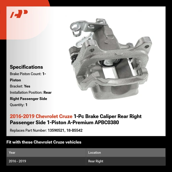 2016-2019 Chevrolet Cruze 1-Pc Brake Caliper Rear Right Passenger Side 1-Piston A-Premium APBC0380