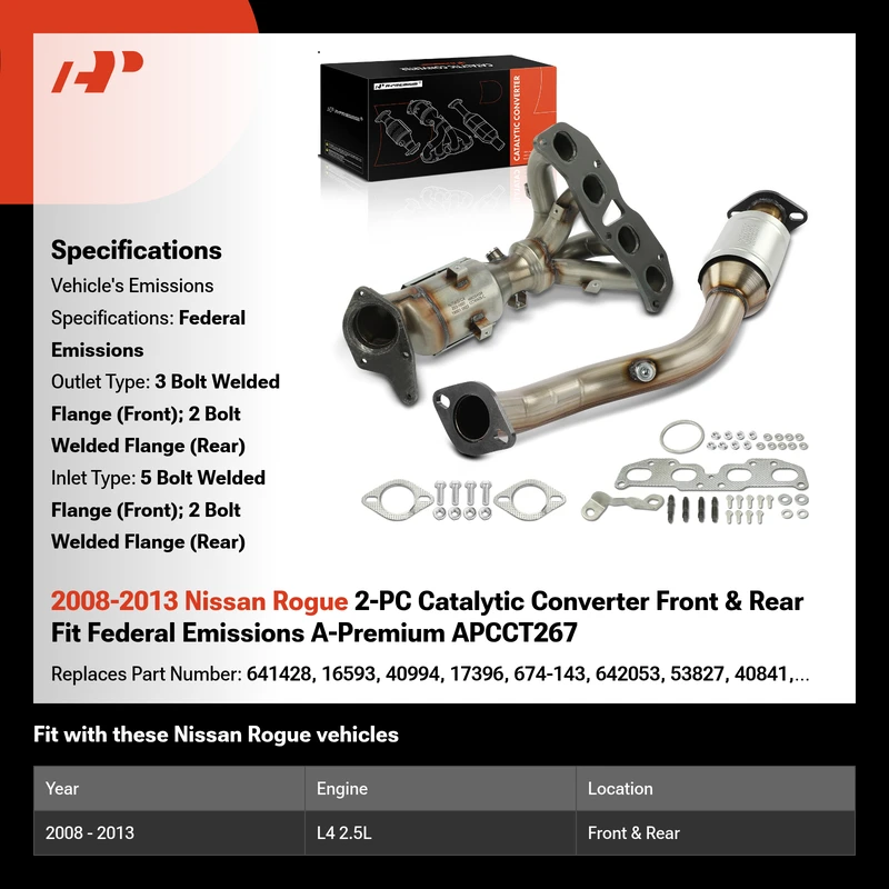2008-2013 Nissan Rogue 2-PC Catalytic Converter Front & Rear Fit Federal Emissions A-Premium APCCT267