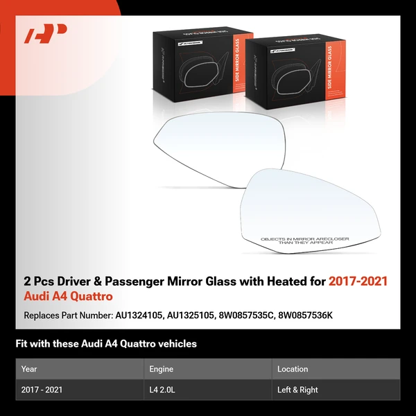2 Pcs Driver & Passenger Mirror Glass with Heated for 2017-2021 Audi A4 Quattro