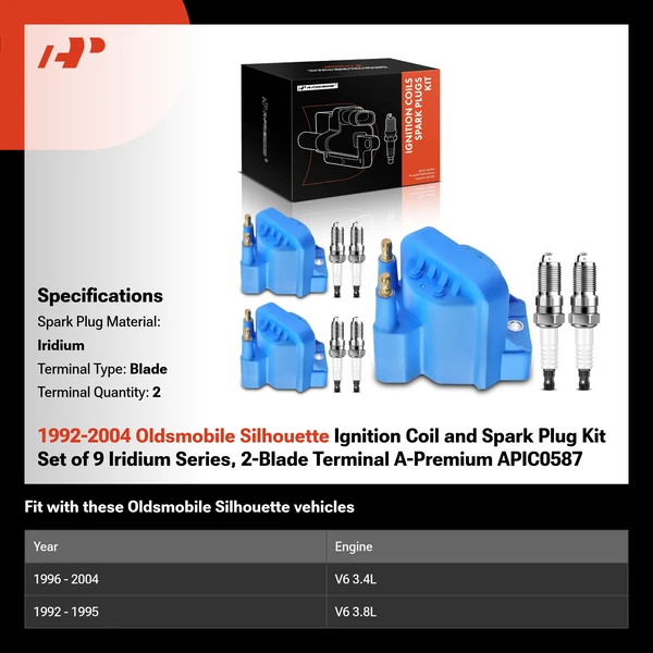 1992-2004 Oldsmobile Silhouette Ignition Coil and Spark Plug Kit Set of 9 Iridium Series, 2-Blade Terminal A-Premium APIC0587