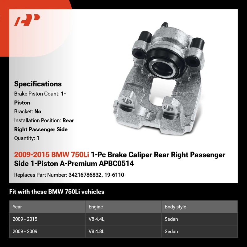 2009-2015 BMW 750Li 1-Pc Brake Caliper Rear Right Passenger Side 1-Piston A-Premium APBC0514