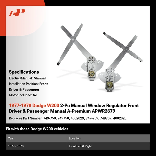 1977-1978 Dodge W200 2-Pc Manual Window Regulator Front Driver & Passenger Manual A-Premium APWR2679