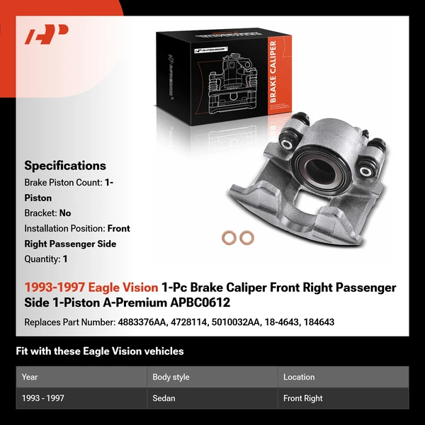 1993-1997 Eagle Vision 1-Pc Brake Caliper Front Right Passenger Side 1-Piston A-Premium APBC0612