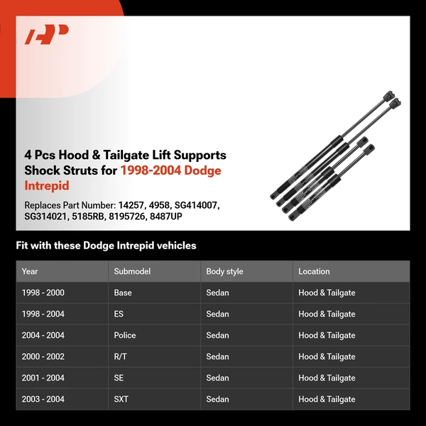 4 Pcs Hood & Tailgate Lift Supports Shock Struts for 1998-2004 Dodge Intrepid