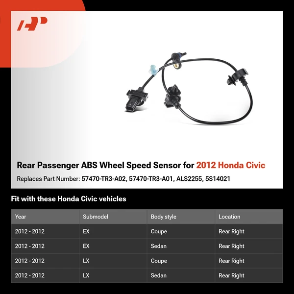 Rear Passenger ABS Wheel Speed Sensor for 2012 Honda Civic