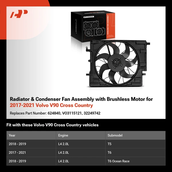 Radiator & Condenser Fan Assembly with Brushless Motor for 2017-2021 Volvo V90 Cross Country