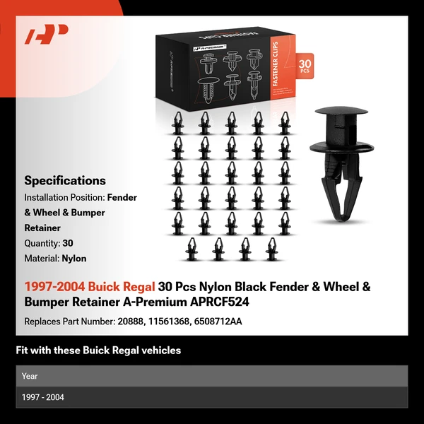1997-2004 Buick Regal 30 Pcs Nylon Black Fender & Wheel & Bumper Retainer A-Premium APRCF524