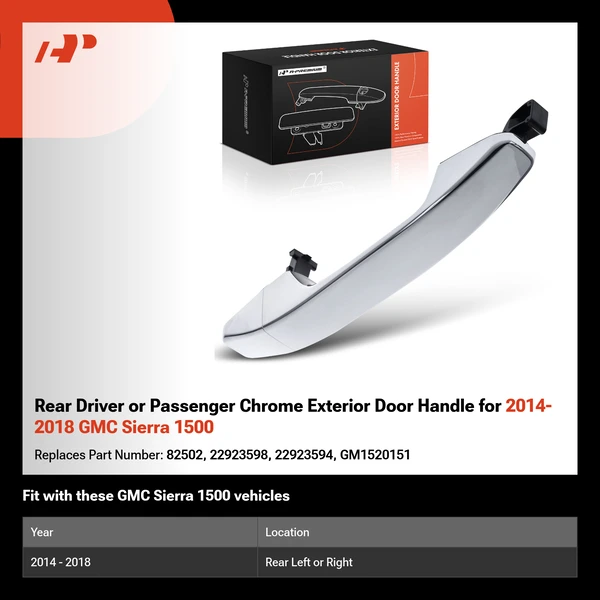 Rear Driver or Passenger Chrome Exterior Door Handle for 2014-2018 GMC Sierra 1500