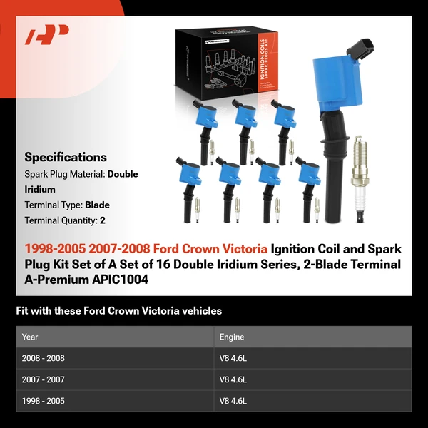 1998-2005 2007-2008 Ford Crown Victoria Ignition Coil and Spark Plug Kit Set of A Set of 16 Double Iridium Series, 2-Blade Terminal A-Premium APIC1004