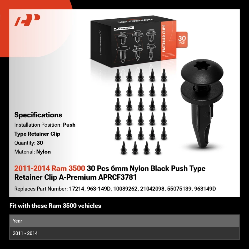 2011-2014 Ram 3500 30 Pcs 6mm Nylon Black Push Type Retainer Clip A-Premium APRCF3781