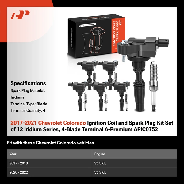 2017-2021 Chevrolet Colorado Ignition Coil and Spark Plug Kit Set of 12 Iridium Series, 4-Blade Terminal A-Premium APIC0752