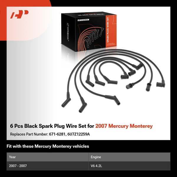 6 Pcs Black Spark Plug Wire Set for 2007 Mercury Monterey