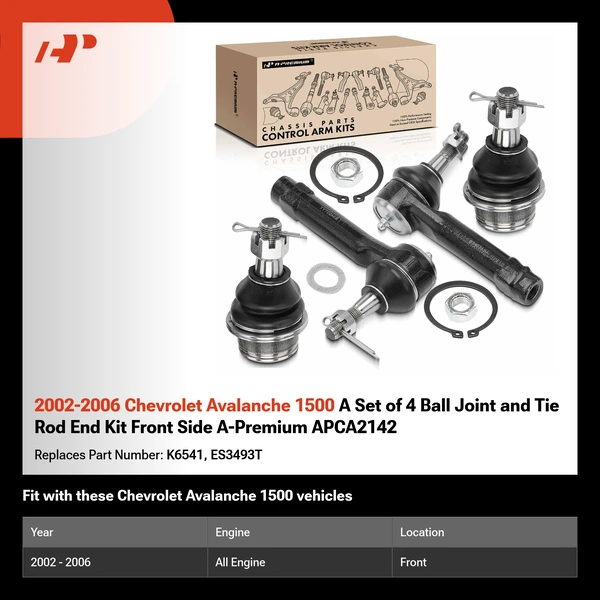 2002-2006 Chevrolet Avalanche 1500 A Set of 4 Ball Joint and Tie Rod End Kit Front Side A-Premium APCA2142