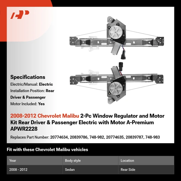 2008-2012 Chevrolet Malibu 2-Pc Window Regulator and Motor Kit Rear Driver & Passenger Electric with Motor A-Premium APWR2228