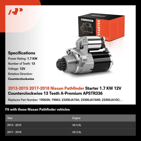 2013-2015 2017-2018 Nissan Pathfinder Starter 1.7 KW 12V Counterclockwise 13 Teeth A-Premium APSTR336