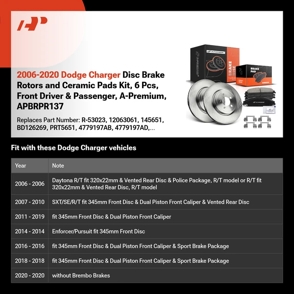 2006-2020 Dodge Charger Disc Brake Rotors and Ceramic Pads Kit, 6 Pcs, Front Driver & Passenger, A-Premium, APBRPR137