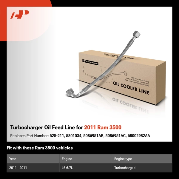 Turbocharger Oil Feed Line for 2011 Ram 3500